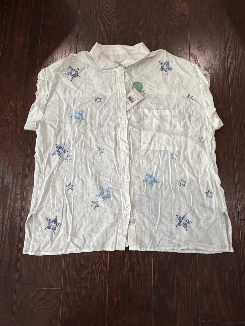 Rails Women White Linen blend Embroider Stars short sleeve button up blouse NEW